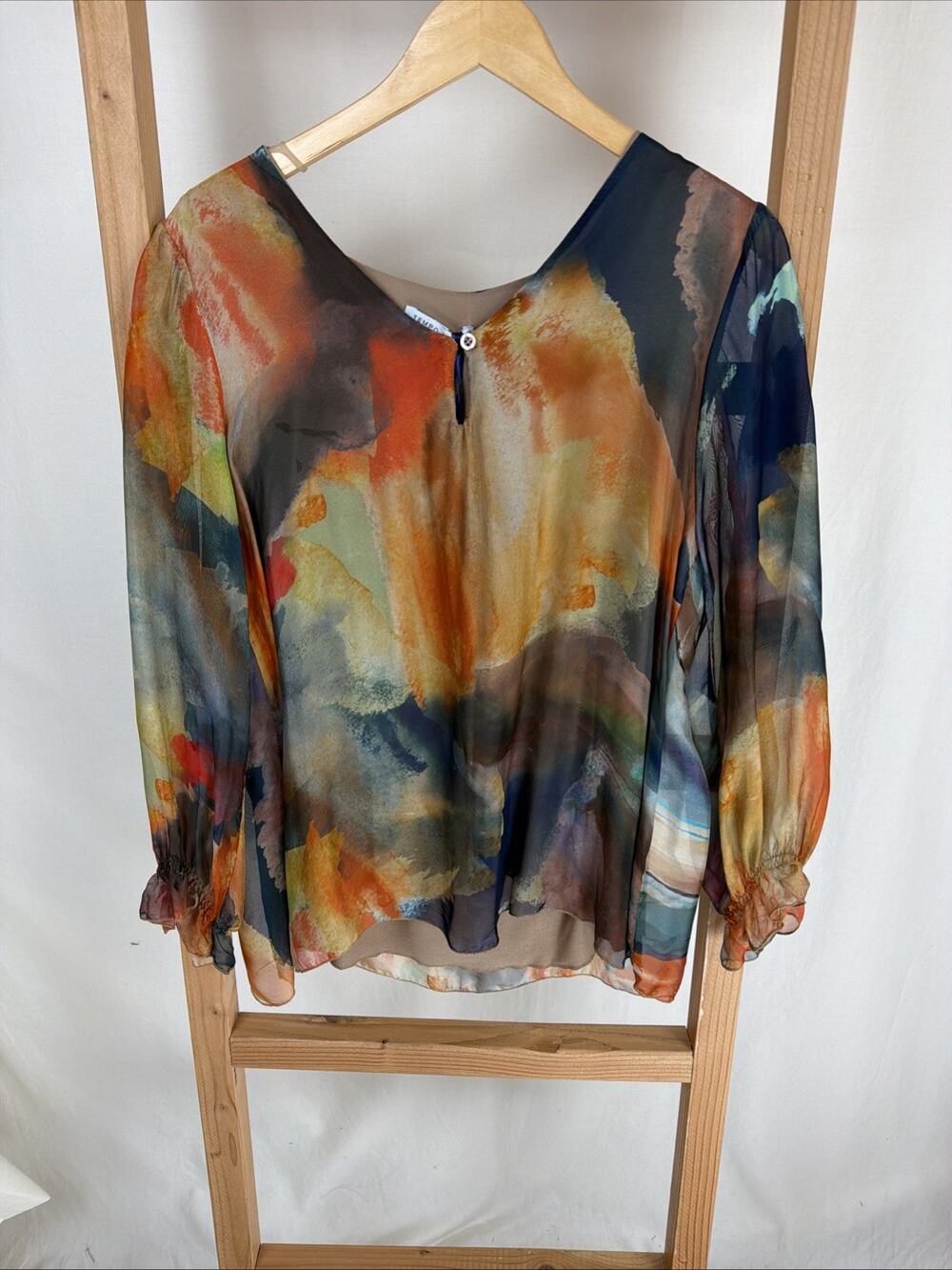 NWT Tempo Paris Multicolored V-Neck Silk Blend Blouse #0942 LARGE